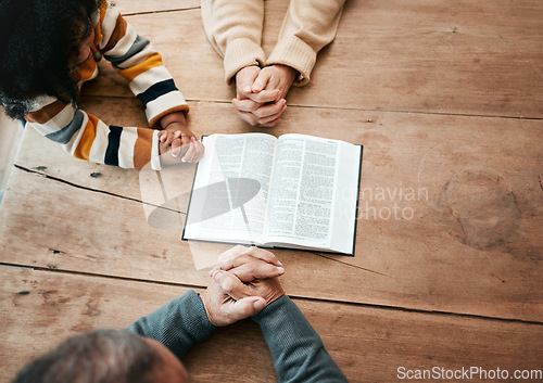 Image of Bible, reading book or hands of grandma with children for worship, support or hope in Christianity for education. Kids siblings or grandmother studying, praying or learning God in religion together