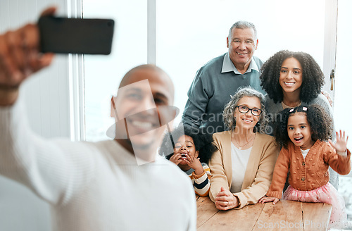 Image of Selfie, happy family and man taking picture of people on vacation or holiday home to update social media or the internet. Group, photo and father relax with children, grandparents and mother