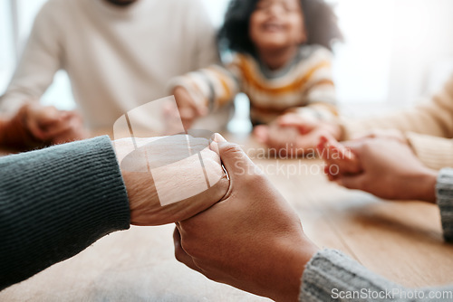 Image of God, holding hands or big family praying for support or hope in Christian home for worship together. Mother, father or grandparents in prayer or asking Jesus Christ in religion with children or blur