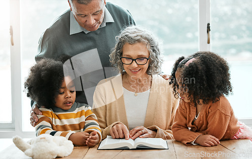 Image of Bible, reading book or grandparents with children for learning, support or hope in Christianity education. Wellness, old man or grandmother studying or teaching kids siblings God in religion together