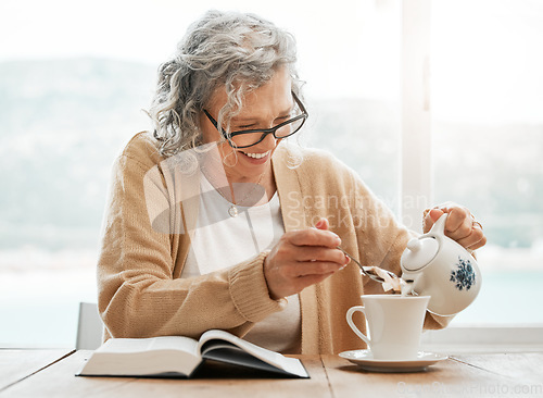 Image of Reading book, tea or funny old woman with smile or hope in Christianity belief or faith relaxing. Bible, laugh or happy catholic senior person studying or learning God in spiritual religion or info