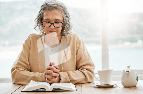 Image of Bible, reading book or senior woman in prayer for holy worship, support or hope in Christianity or faith. Praying, tea or catholic elderly person studying or learning God in spiritual religion alone