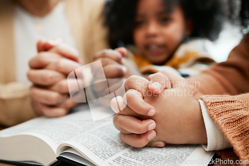 Image of Bible, hands or mother praying with kid siblings for prayer, support or hope together in Christianity. Children education, family worship or woman studying, reading book or learning God in religion