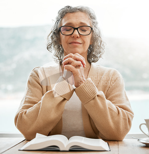 Image of Bible, praying or senior woman in prayer reading book for holy worship, support or hope in Christianity or faith. Relax, meditation or elderly person studying or learning God in spiritual religion