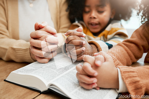 Image of Bible, hands or mom praying with children siblings for prayer, support or hope together in Christianity. Kids education, family worship or woman studying, reading book or learning God in religion