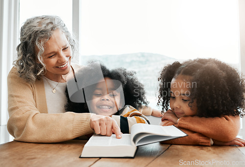 Image of Bible, reading book or happy grandmother with children siblings for worship, support or hope in Christianity. Young kids education, prayer or old woman studying, praying or learning God in religion