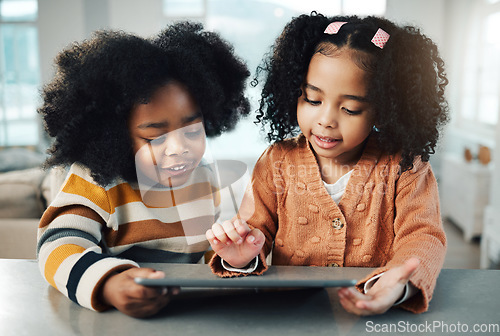 Image of Home, tablet and happy children in online education, fun games and watching internet cartoon or video together. Biracial family kids, siblings or friends on digital technology, app or movie streaming