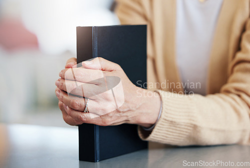 Image of Bible book, praying or hands of old woman for holy prayer, support or hope in Christianity or faith. Believe, zoom or catholic senior person studying or learning God in spiritual text in religion