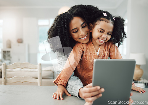 Image of Tablet selfie, happy family and mother and child having fun, bonding and enjoy quality time together in London home. Memory photo, happiness and mom embracing young girl, kid or youth for picture