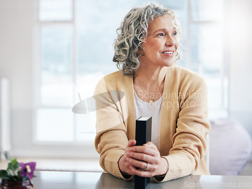 Image of Bible book, happy or thinking old woman for holy worship, support or hope in Christianity or faith. Believe, prayer or senior person studying, praying or learning God in spiritual text in religion