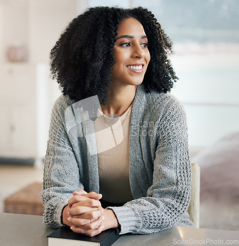 Image of Thinking girl, bible book or praying for hope, help or support in Christianity religion with faith at home. Thoughtful smile, prayer or happy woman studying or worshipping God in spiritual literature