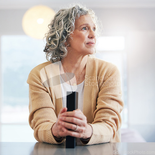 Image of Bible book, worried or thinking old woman for holy worship, support or hope in Christianity or faith. Believe, anxiety or catholic senior person studying or learning God in spiritual text in religion