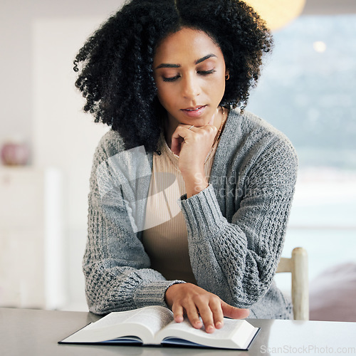 Image of Bible, reading book or praying woman with hope, help or support in Christianity religion with faith at home. Focus, holy prayer or girl worshipping, learning or studying God in spiritual literature