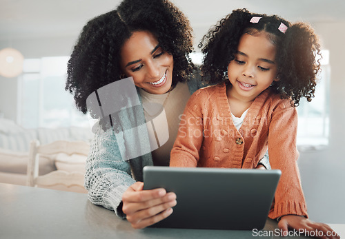 Image of Tablet, happy family mother and kid online e learning, remote education or child development on home school technology. Elearning study, parent and youth kindergarten student with knowledge software