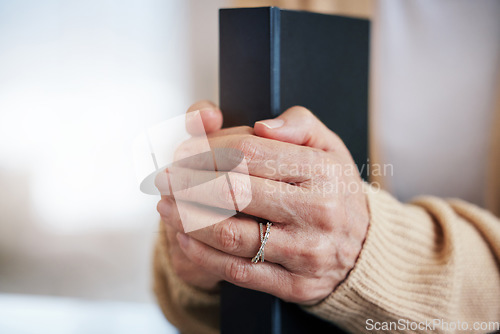 Image of Bible book, worship or hands of old woman for holy prayer, support or hope in Christianity or faith. Believe, zoom or catholic senior person praying to God in spiritual text in religion or home