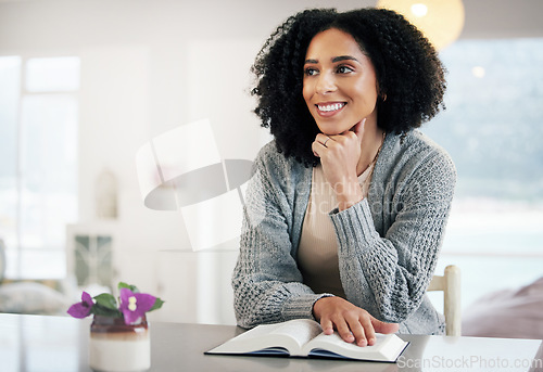 Image of Smile of woman, bible book or thinking of hope, motivation or ideas in Christianity religion or holy faith. Happy home, prayer or thoughtful girl studying or worshipping God in spiritual literature