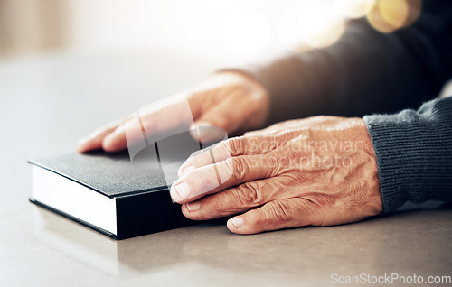 Image of Bible book, worship or hands of old man for holy prayer, support or hope in Christianity or faith. Believe, zoom or catholic senior person praying to God in spiritual literature in religion or belief