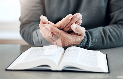 Image of Bible, reading book or old man praying for hope, help or support in Christianity religion or holy faith. Believe, prayer or senior person studying or worshipping God in spiritual literature at home