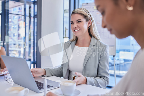 Image of Planning meeting, happy professional and woman cooperation of financial sales group on company finance budget review. Collaboration, project management and consulting business people working together