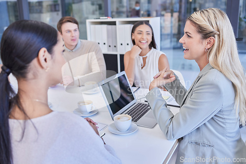 Image of Leader planning meeting, woman and team strategy communication, discussion or conversation over financial sales. Group collaboration, project management or business people work, consulting or talking