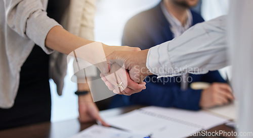 Image of B2b, shaking hands and thank you handshake of a corporate worker in a office. Business deal, partnership and we are hiring gesture with a female hr manager ready for onboarding welcome with trust