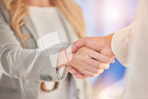 Image of Handshake, hello and deal with business people in office for meeting, contract and opportunity. Agreement, job promotion and teamwork with employee shaking hands for welcome, partnership and b2b