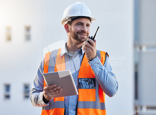 Image of Walkie talkie of construction worker man for project management, planning or communication on tablet workflow. Architecture, contractor or happy engineering person with 5g tech for industrial update