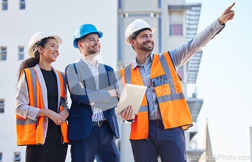 Image of Engineering people pointing for outdoor planning, teamwork or collaboration at building construction site or development. Architecture, property and business contractor or industry person with group