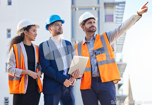 Image of Architecture people pointing for outdoor planning, teamwork or collaboration at building construction site or development. Engineering, property and business contractor or industry person with group