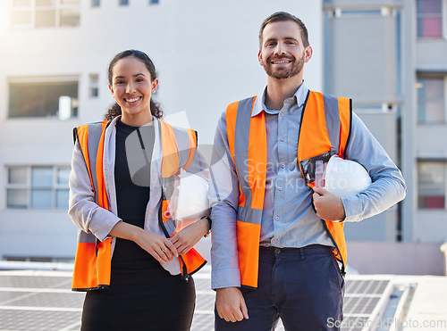 Image of Team portrait of engineering people in outdoor, construction site, development or project management mindset. Architecture, diversity and builder woman with partner, building and industry leadership