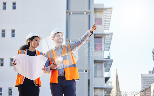 Image of Engineering people pointing and blueprint for planning, teamwork or collaboration at construction site. Architecture project, floor plan and contractor or partner show city building development