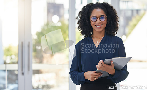 Image of Portrait, checklist and business woman in office happy, smile and confident with positive mindset. Leader, face and female corporate employee with clipboard for management, schedule and agenda