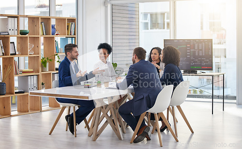 Image of Financial, meeting and business people in office teamwork, collaboration and problem solving, budget or discussion. Conversation, team and accounting experts planning strategy, goal and growth plan