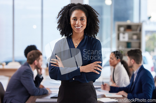 Image of Portrait, leader and proud business woman in meeting with group for planning, discussion and problem solving in office. Face, ambition and mindset by female manager with team for creative solution