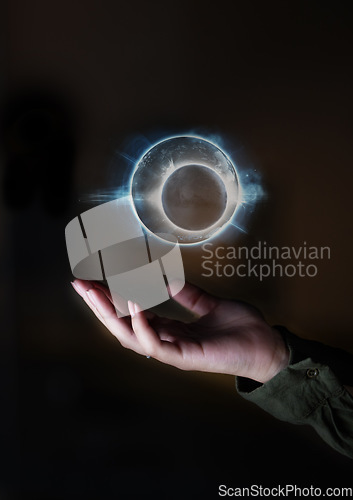 Image of Hand, world and hologram overlay with an interface of ai or 3d technology to access the metaverse for global networking. Globe, software or holographic with a person using a ux interface or dashboard