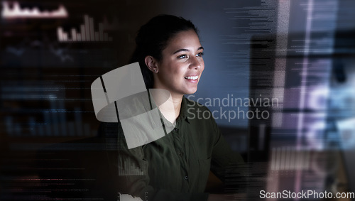 Image of Smile, hologram screen and woman on computer in office for finance analysis, fintech and online data at night. Technology overlay, happy and female worker on pc for research, networking and analytics