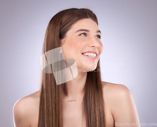 Image of Beauty, studio skincare and face of happy woman with makeup, luxury cosmetics and natural facial glow. Dermatology wellness, spa salon and aesthetic model girl isolated on pastel purple background