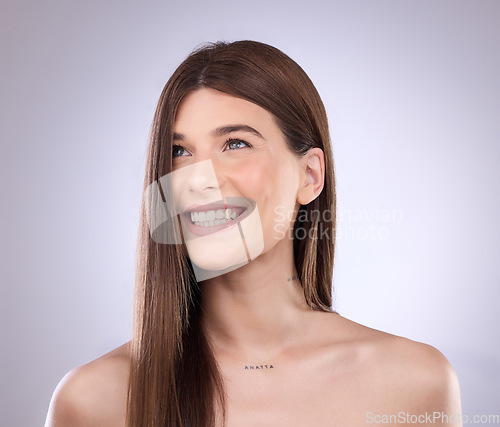 Image of Idea, face smile and hair care of woman in studio isolated on a gray background. Natural cosmetics, thinking and happy female model with salon treatment for healthy keratin, beauty and hairstyle.