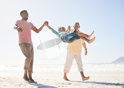 Image of walking, love and happy family play on beach holiday for peace, freedom and outdoor quality time together. Nature sunshine, ocean sand and Jamaica children, grandparents or people smile on vacation