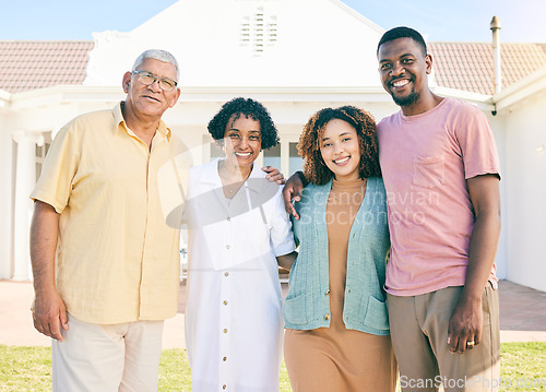 Image of Portrait of happy family with property, new house or holiday together with senior people, mother and father. Excited biracial people hug outdoor for real estate, vacation house and retirement love