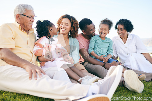 Image of Family, smile and generations outdoor, happy people relax on lawn with grandparents, parents and kids. Happiness, unity and sitting together on grass, diversity and love with relationship and bond