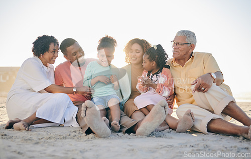 Image of Big family, grandparents or kids at beach to relax with girls or siblings on summer holiday together. Happy African dad, mom or young children love bonding or relaxing with grandmother or grandfather