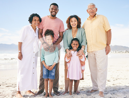 Image of Family at beach, portrait and generations, happy people relax outdoor with grandparents, parents and kids. Happiness, smile and travel, love and care with relationship and bond on vacation in Bali