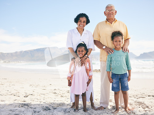 Image of Happy family portrait, children or grandparents on beach holiday for peace, freedom or outdoor quality time. Nature mockup, ocean sea sand or Mexico kids, grandmother and grandfather bonding together