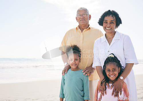 Image of Happy family portrait, kids and grandparents on beach holiday for peace, freedom and outdoor quality time. Nature mockup, ocean sea sand or Mexico children, grandmother and grandfather smile together