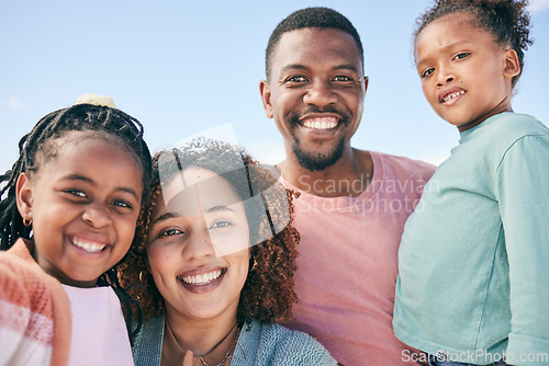 Image of Love, blue sky portrait or happy black family on holiday for peace, freedom and outdoor quality time together. Nature sunshine, face happiness or Nigeria children, father and mother smile on vacation