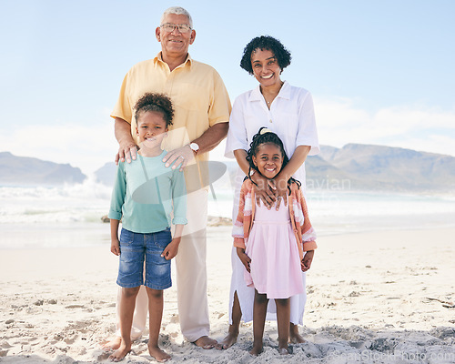 Image of Happy portrait, love and family on beach holiday for peace, freedom and outdoor quality time together. Nature sunshine, ocean sea sand and Mexico children, grandparents or people smile on vacation