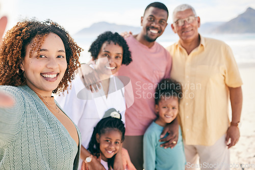 Image of Happy portrait, selfie or family on beach holiday for peace, freedom and outdoor quality time together. Memory reunion picture, happiness or Jamaica kids, grandparents or parents smile on vacation