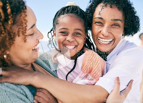 Image of Grandmother, mom and child, portrait on beach holiday in South Africa with love, fun and freedom together. Travel, happy black family and generations, smile and bonding on vacation for women and girl