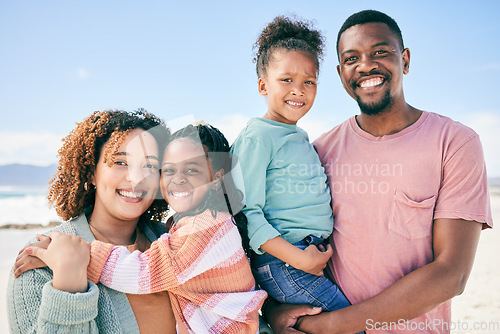 Image of Love, beach portrait and happy black family on holiday for peace, freedom and outdoor quality time together. Nature sunshine, summer happiness or Nigeria children, father and mother smile on vacation